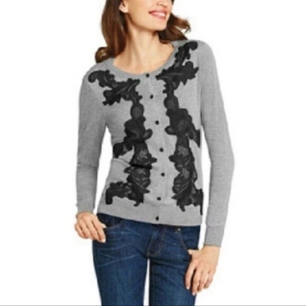 CAbi Women's Gray Sweater with Black Lace